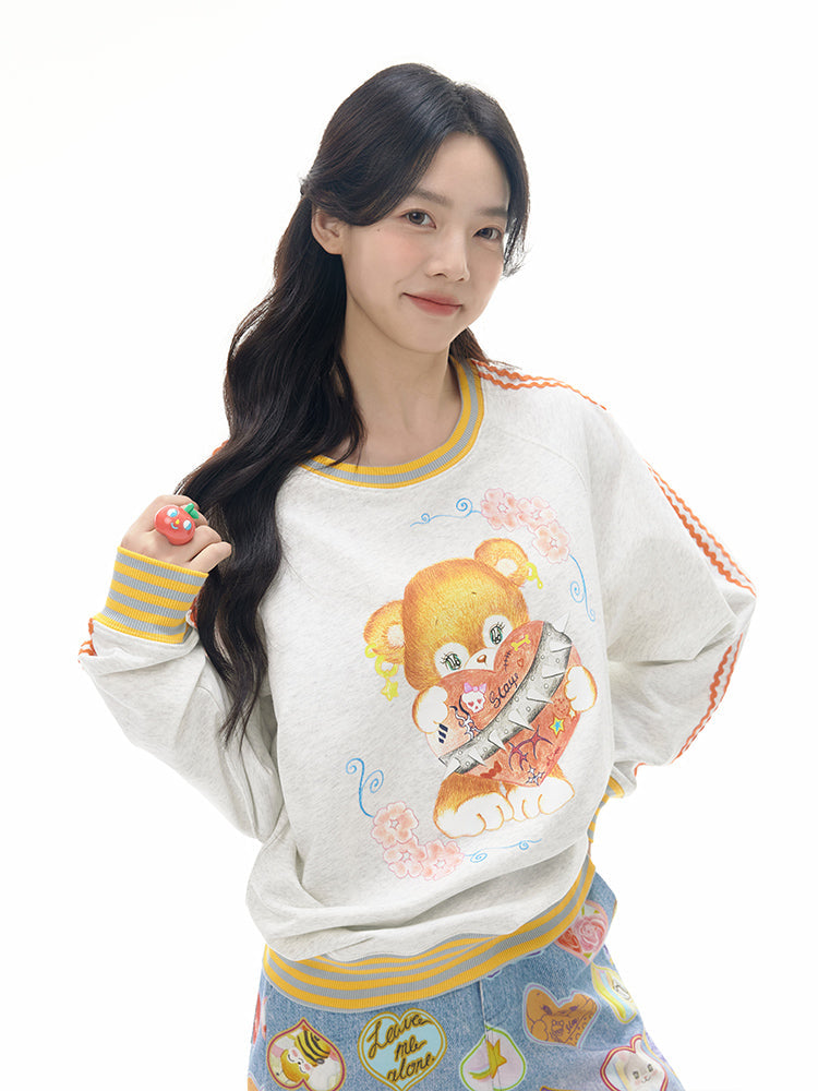 Angel Bear Print Striped Trim Sweatshirt