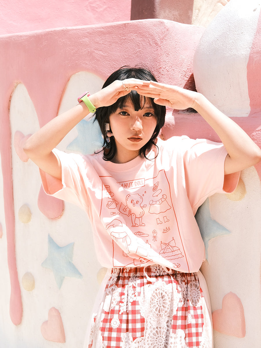 Kawaii Peanut Doll Paper Tee Pink