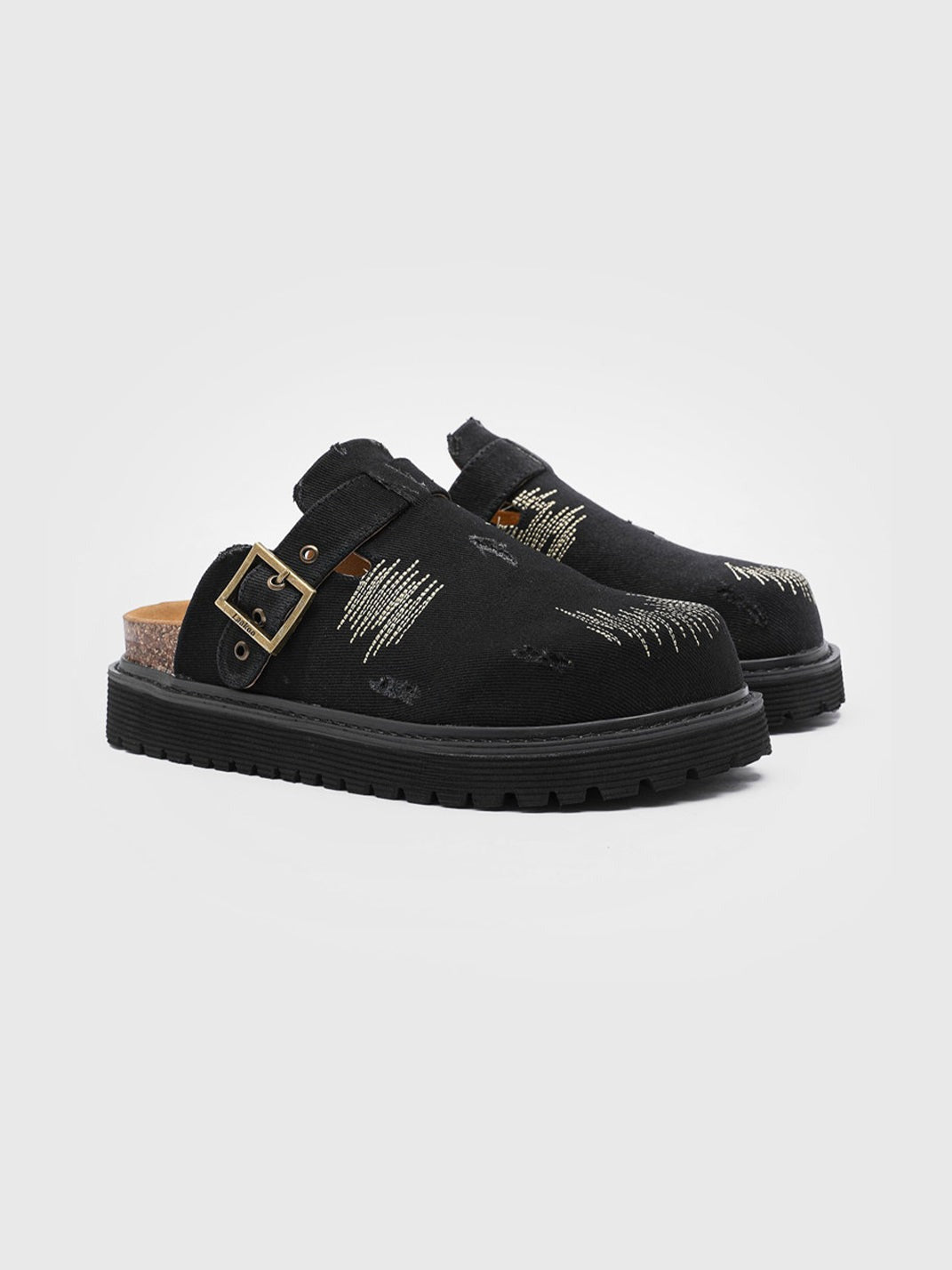 Distressed Denim Stitch Detail Buckle Strap Platform Mule Clogs image 2