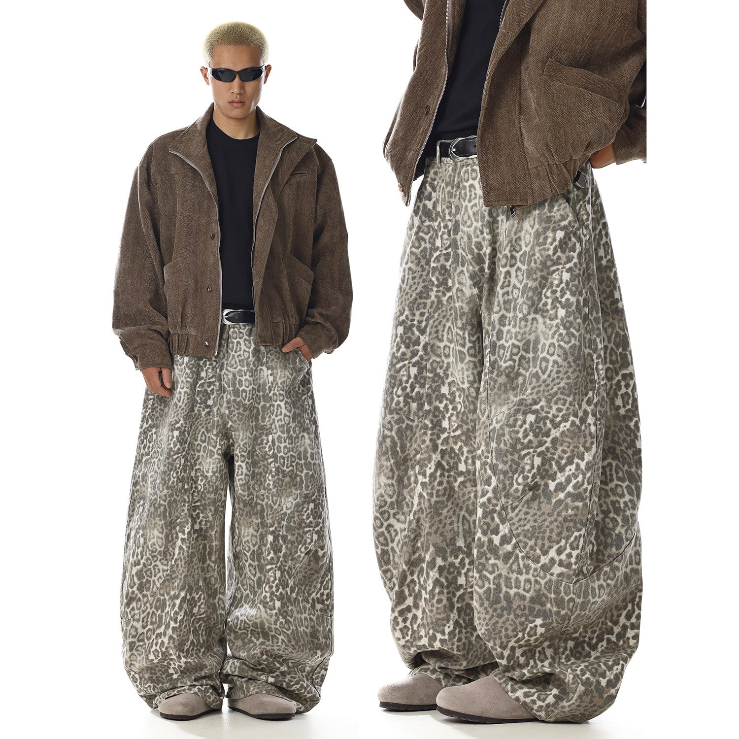 Washed barrel-leg utility pants in leopard
