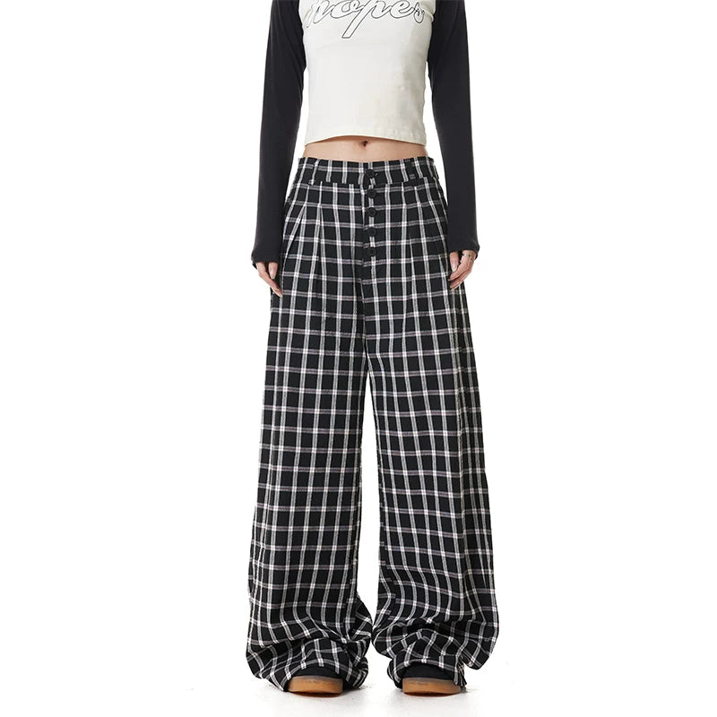 Plaid button wide-leg pants in black