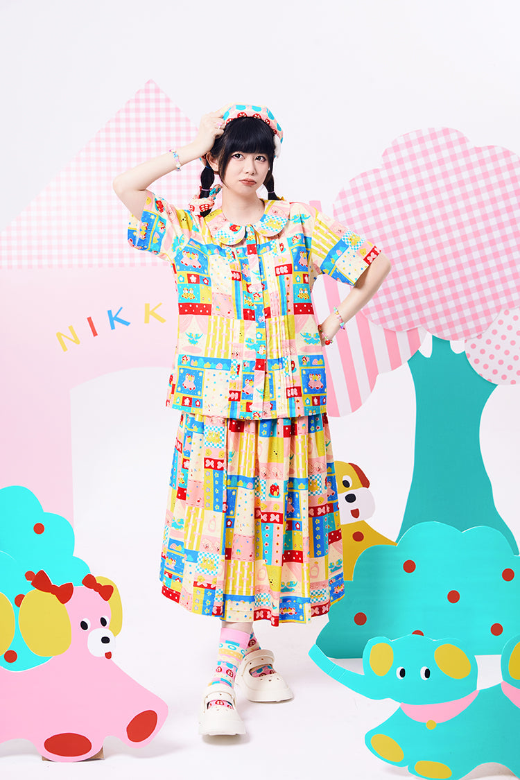 Sweet Patchwork Printed Cotton Midi Skirt