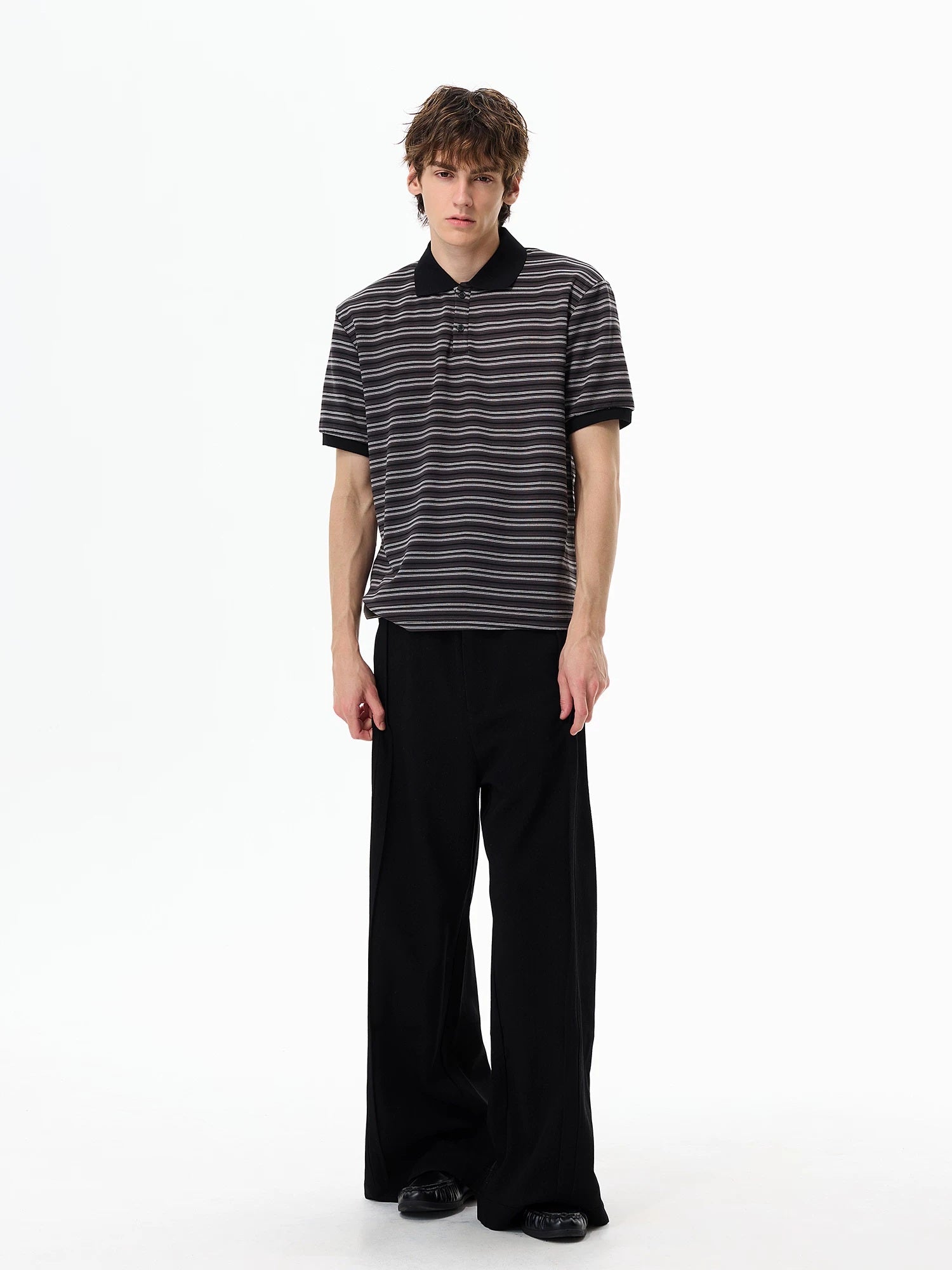 Retro Contrast-Stripe Polo T-Shirt Black full-length view
