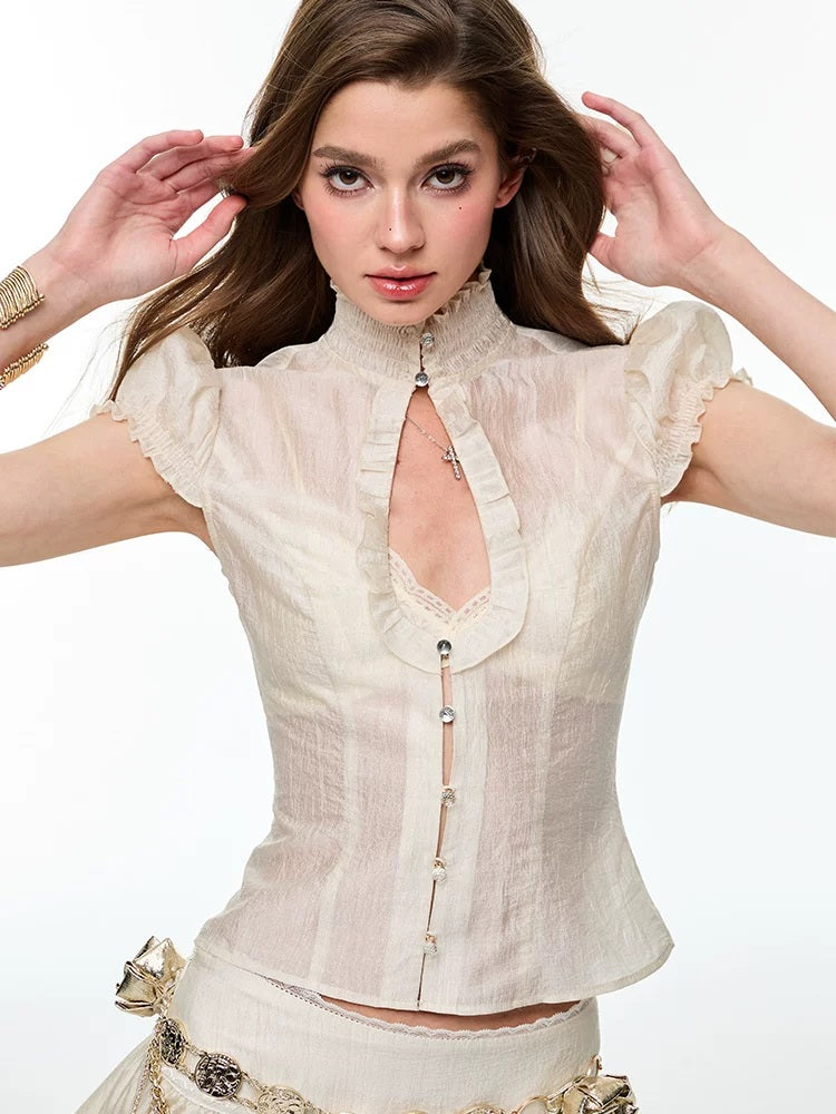 Pearl-Drop Cutout Top, Lace Pleated Skirt and Bra Separates Ivory cutout top front detail