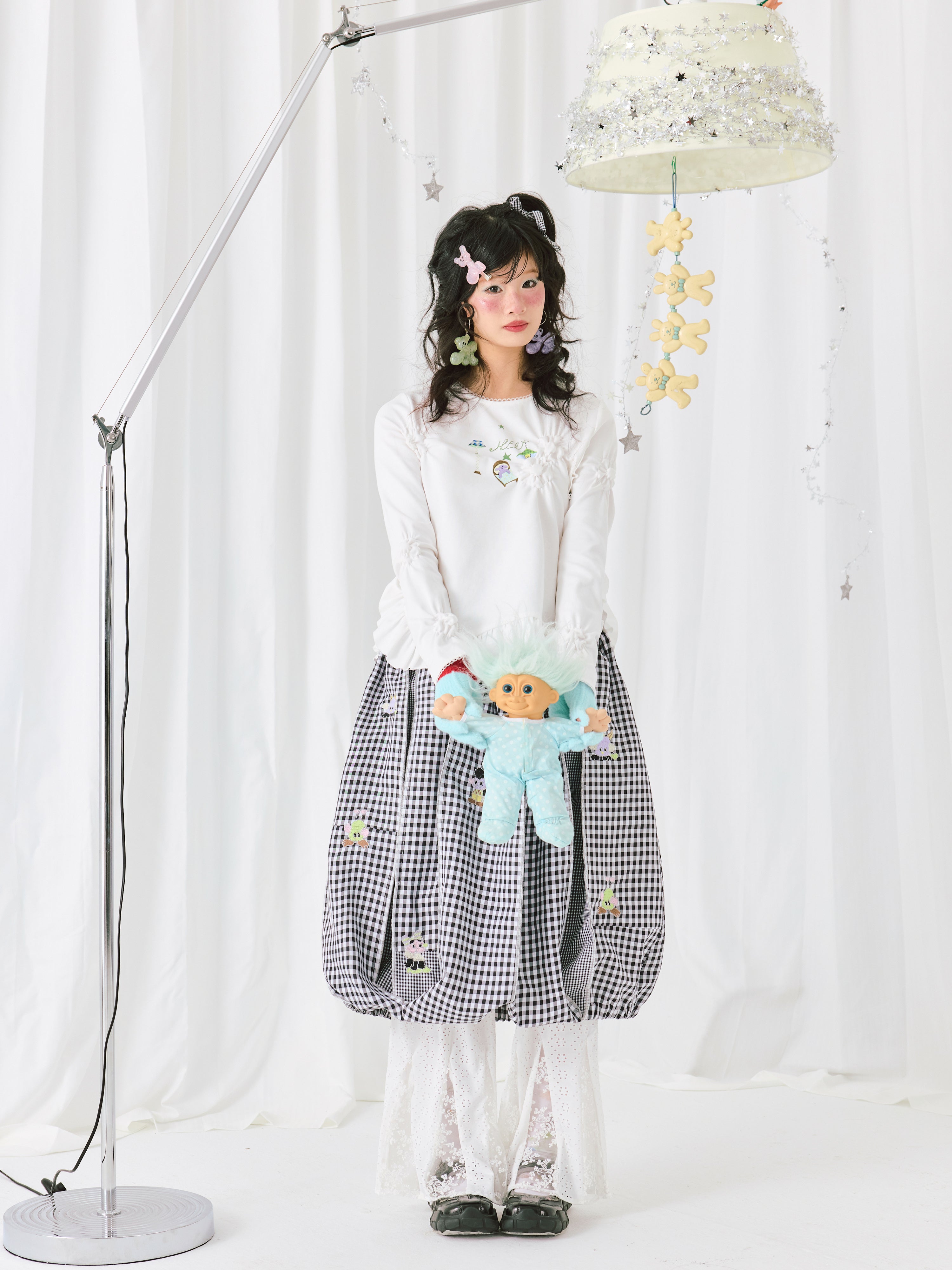 White Embroidered Ruffle Trim Long Sleeve