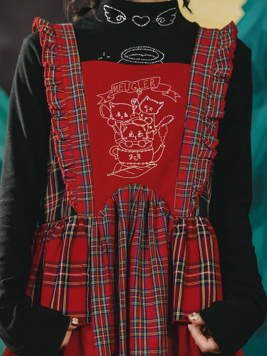 Red Plaid Tiered Pinafore Dress