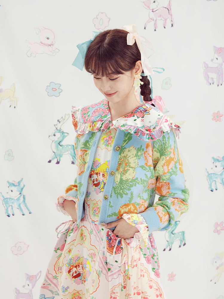 Blue Floral Knit Cropped Cardigan