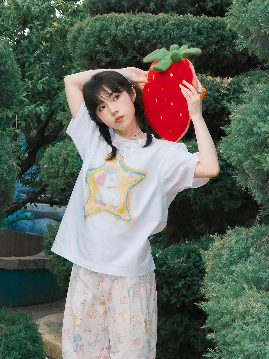 Bunny Star Print White Cotton Tee