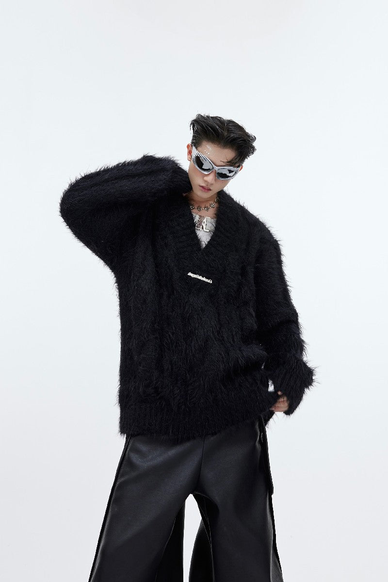 Faux Fur V-Neck Sweater - chiclara