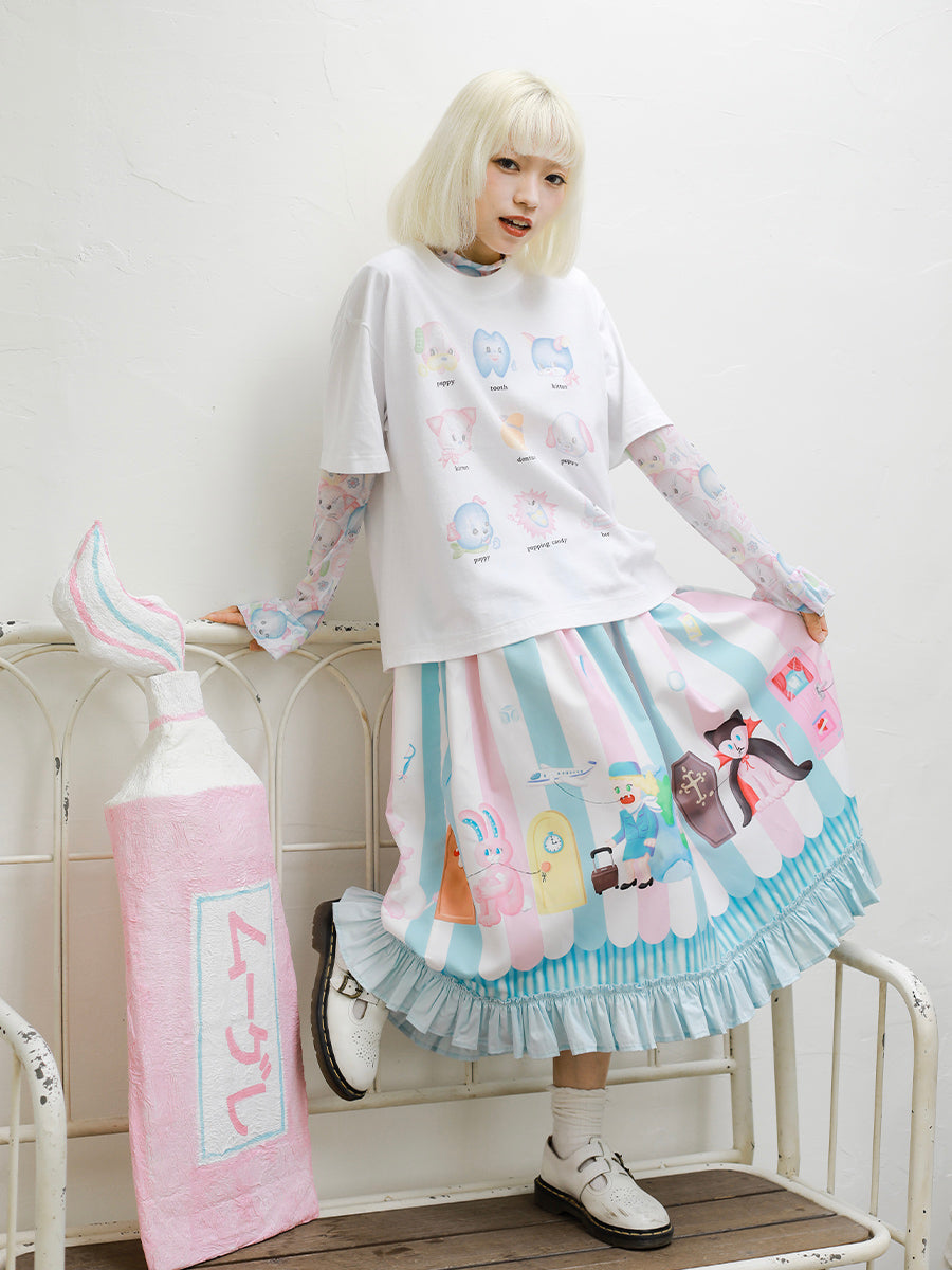 Pastel Striped Character Print Ruffle Skirt