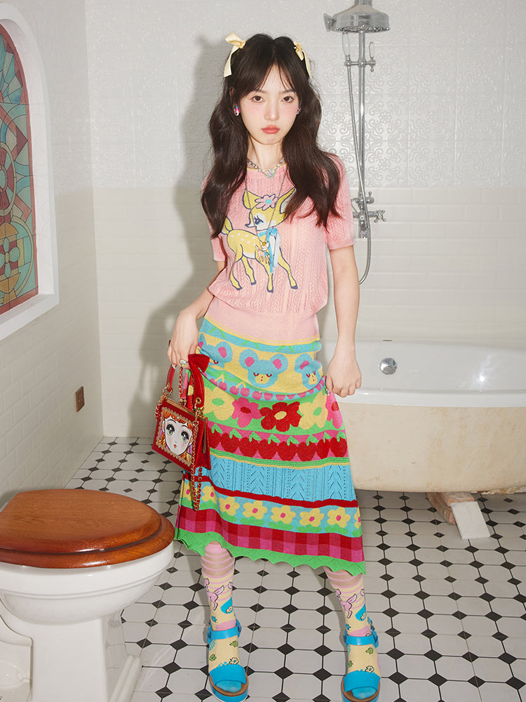 Colorful Bear Cherry Knit Midi Skirt