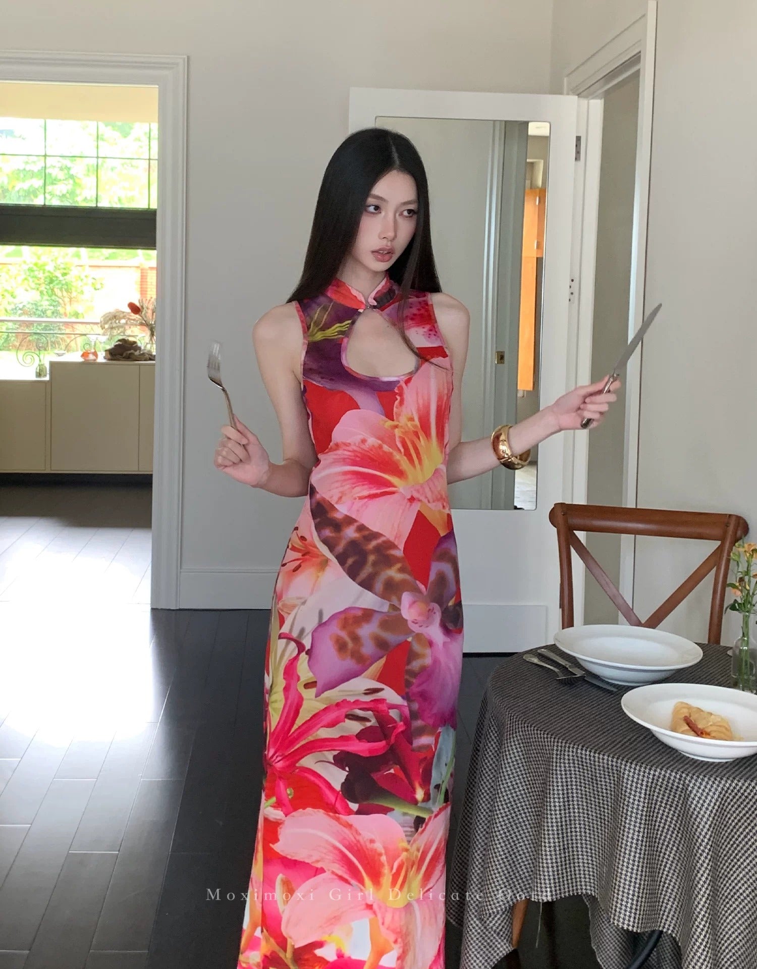 Floral Mesh Hollow-Out Cheongsam Dress - Red image 3
