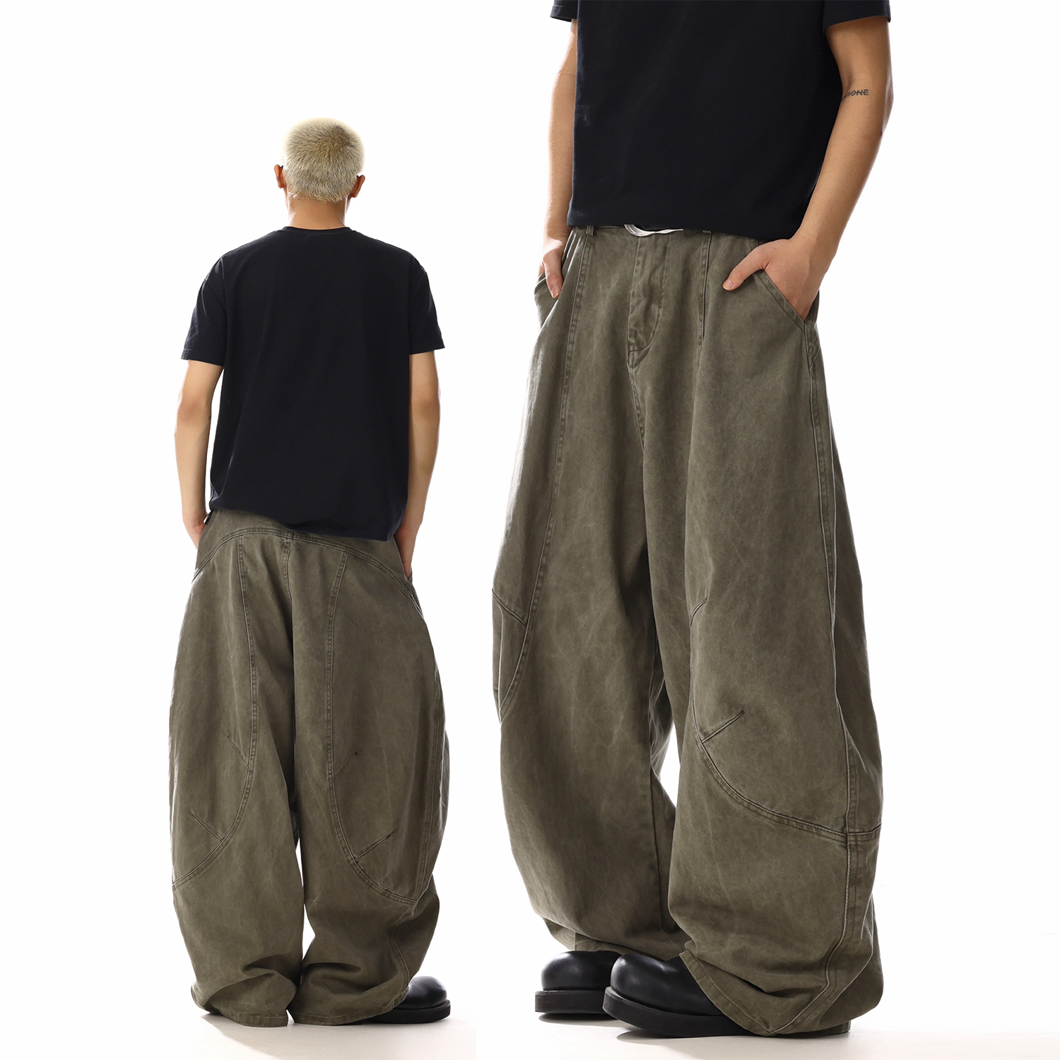 Washed barrel-leg utility pants in army green