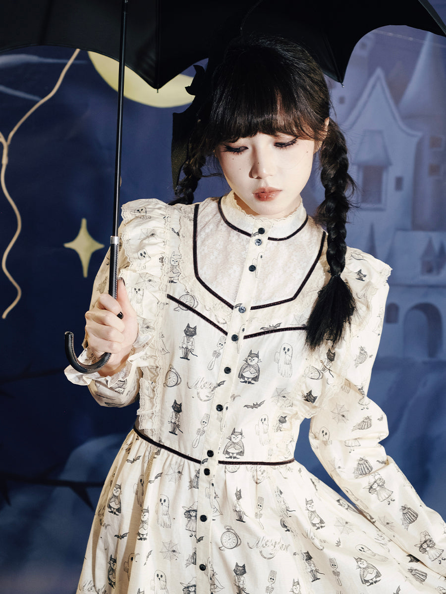 Cream Ghost Print Victorian Style Dress