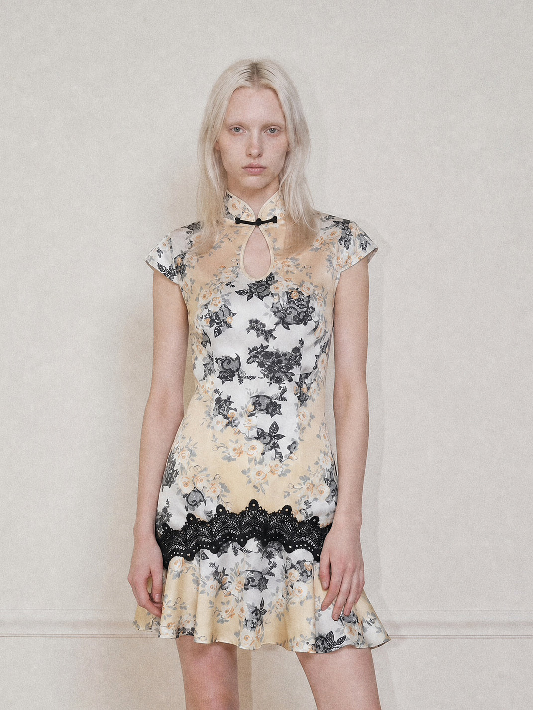 Satin Floral Lace-Spliced Dress