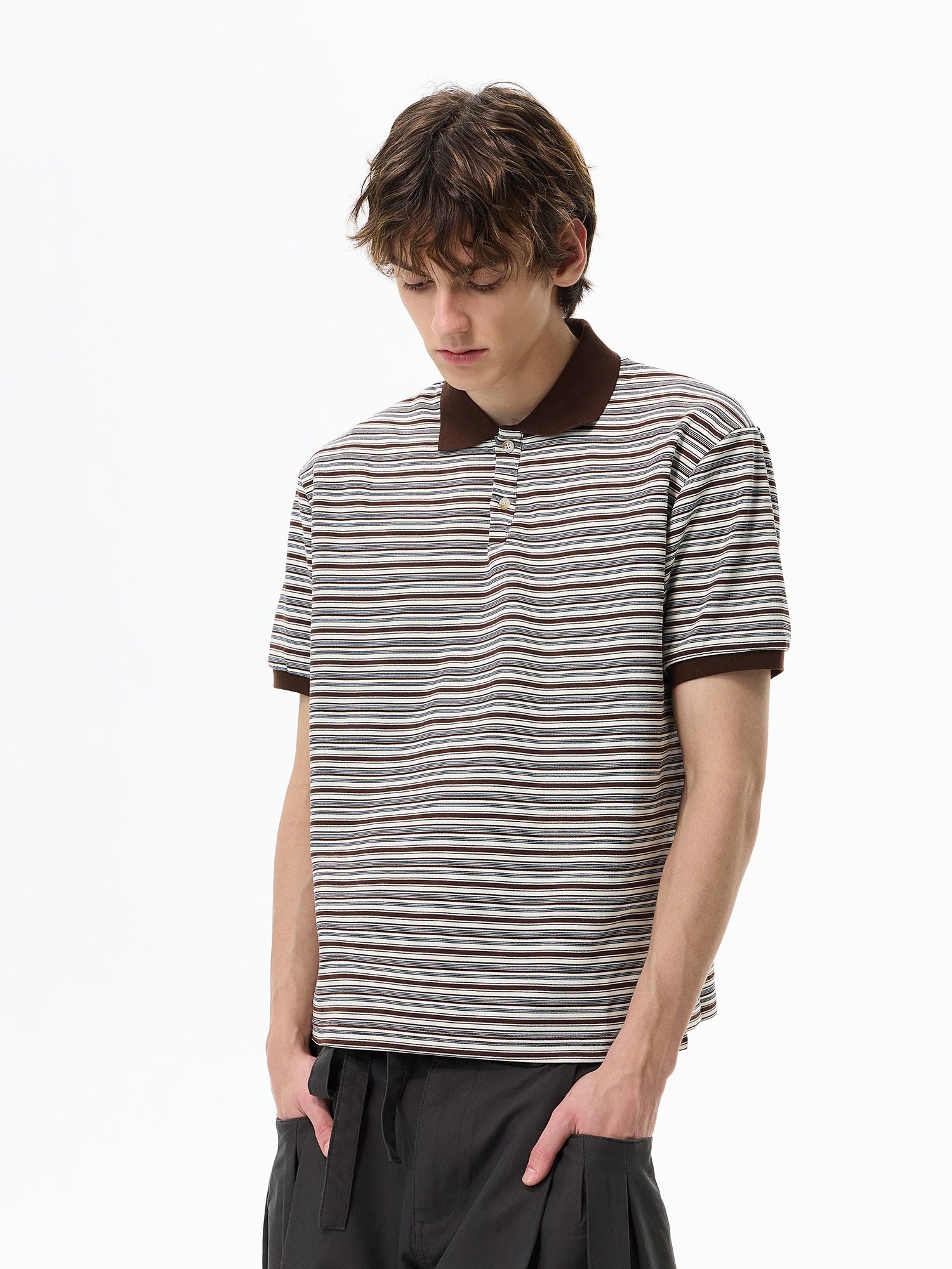 Retro Contrast-Stripe Polo T-Shirt Brown front view