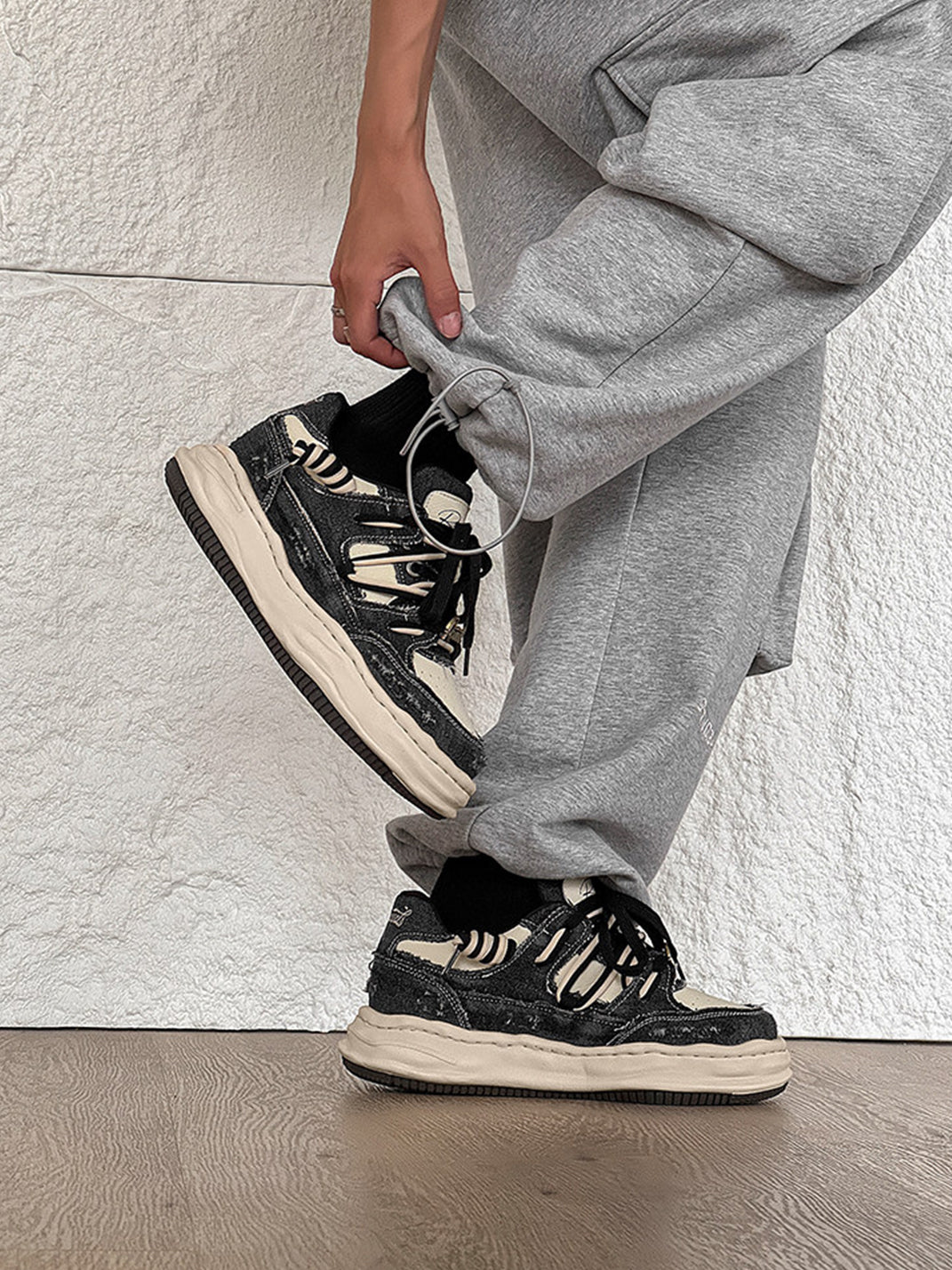Retro Distressed Denim Wavy Sole Sneakers