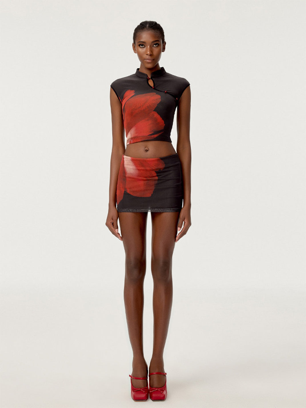 Cheongsam Collar Crop Top Skort Set