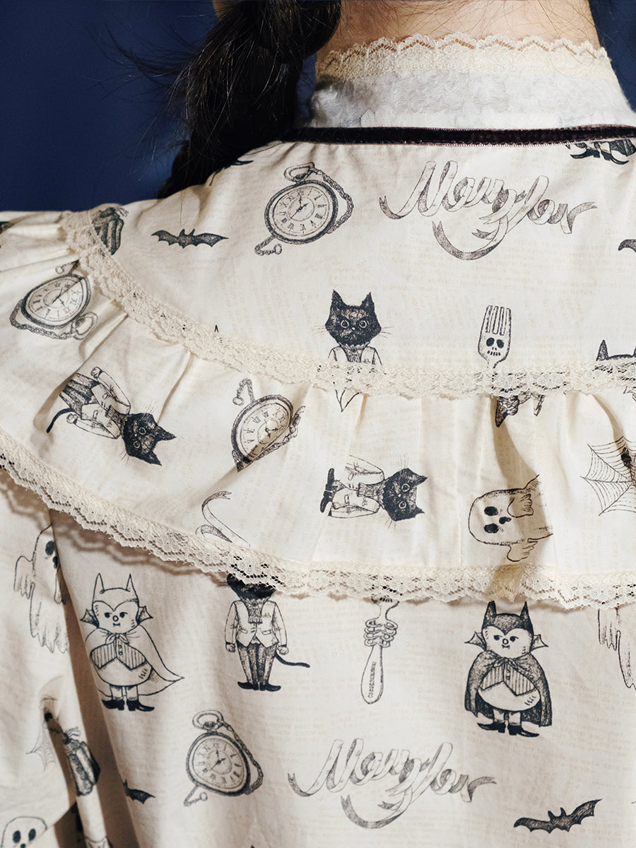 Cream Ghost Print Victorian Style Dress
