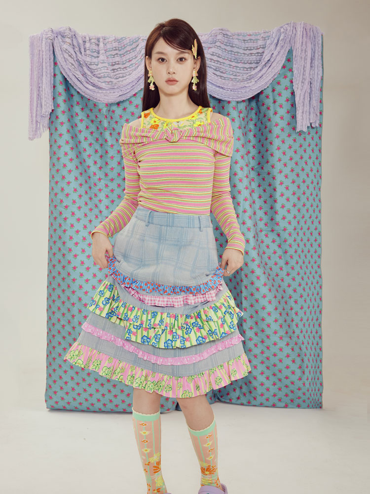 Pastel Ruffle Tiered Denim Midi Skirt