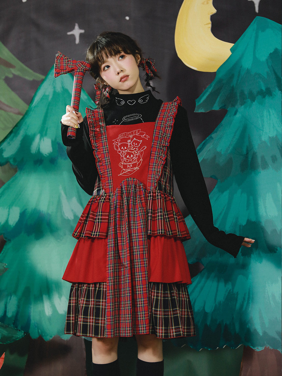 Red Plaid Tiered Pinafore Dress