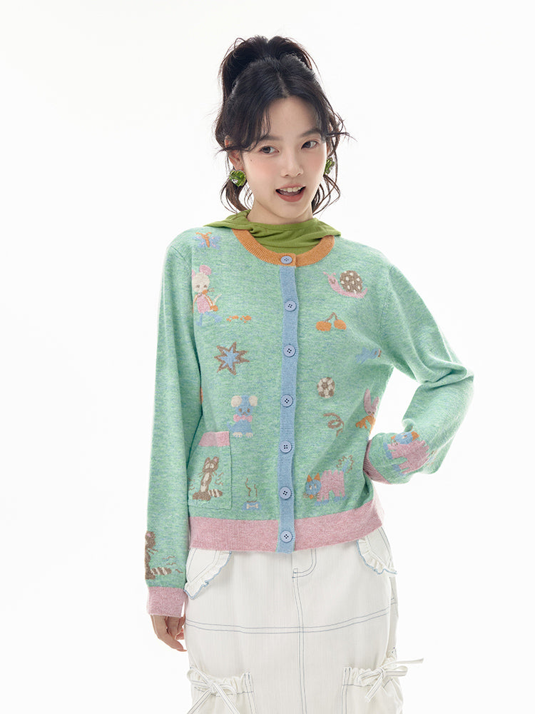 Mint Woodland Animals Button Cardigan Sweater
