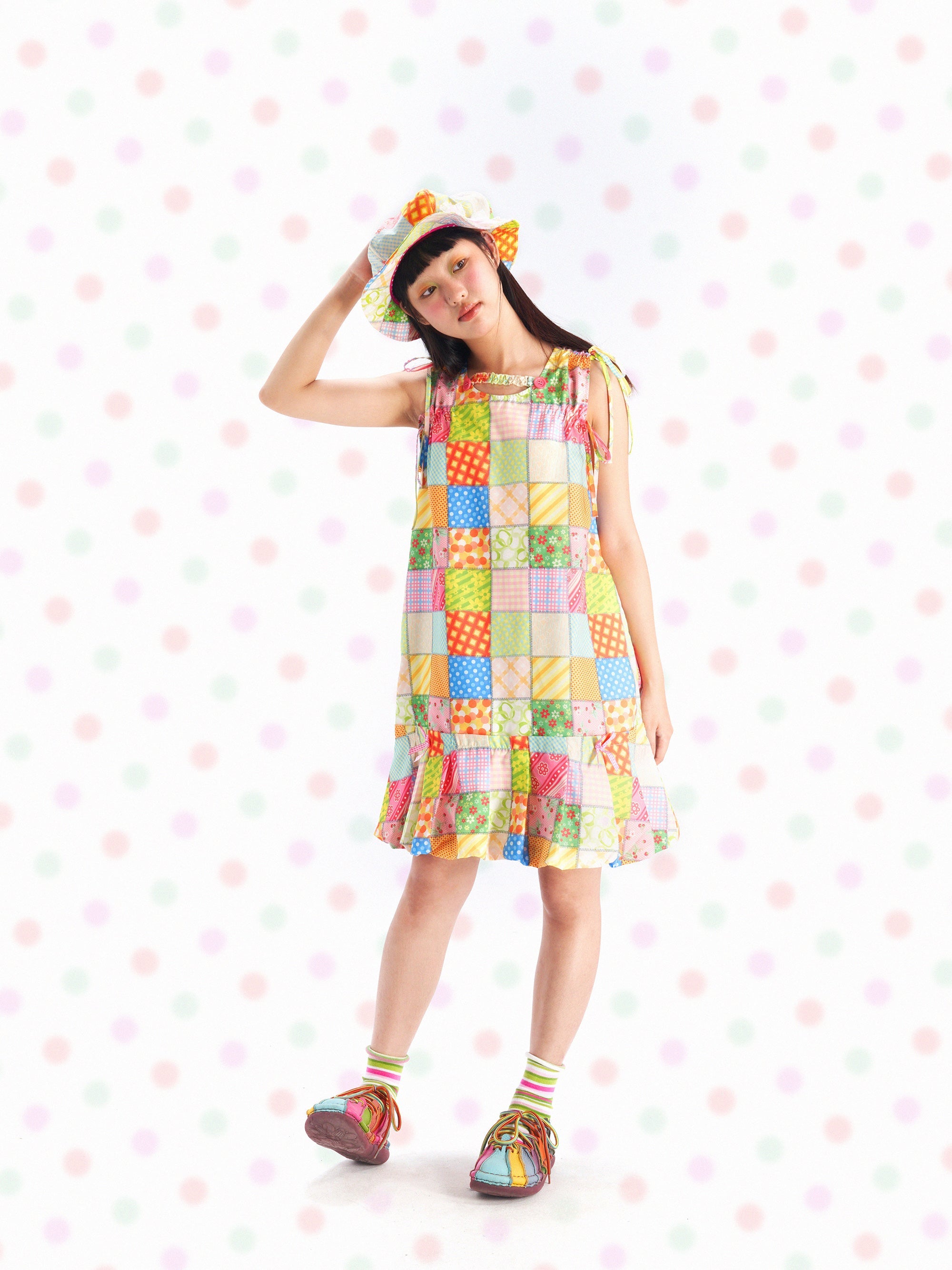 Pastel Patchwork Summer Tie Shoulder Dress