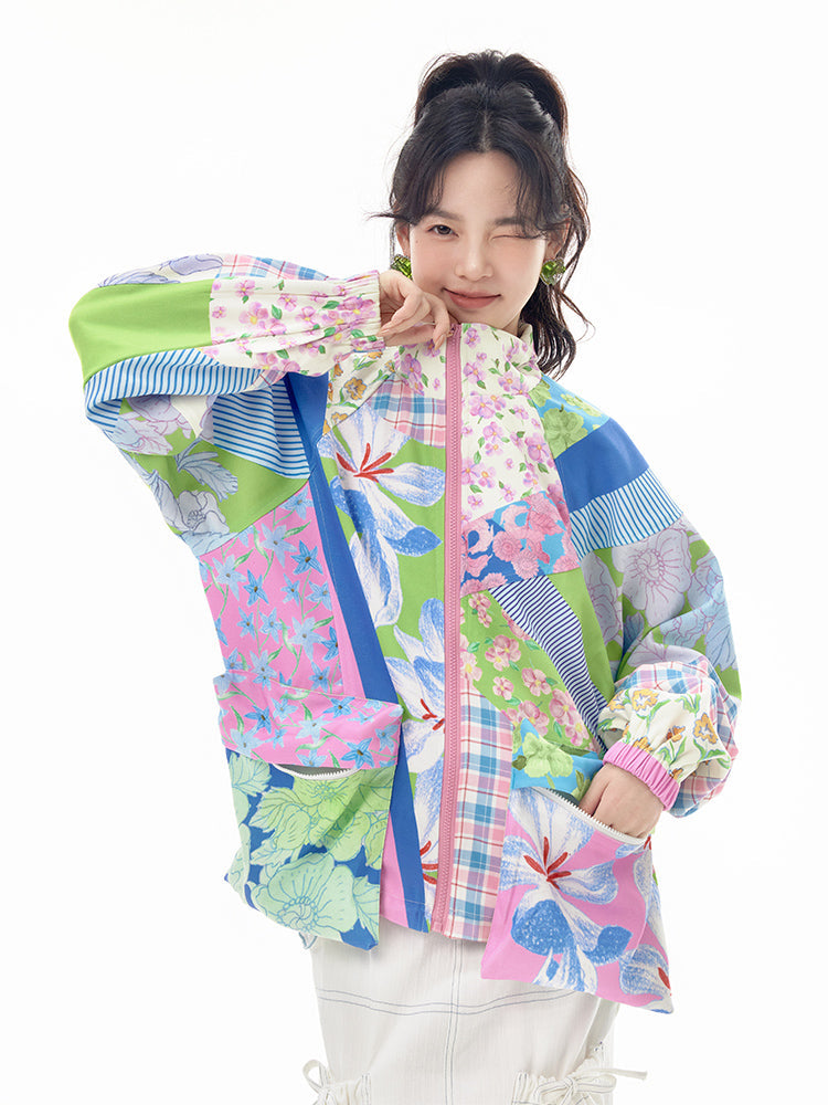 Mixed Print Patchwork Light Bomber Jacket