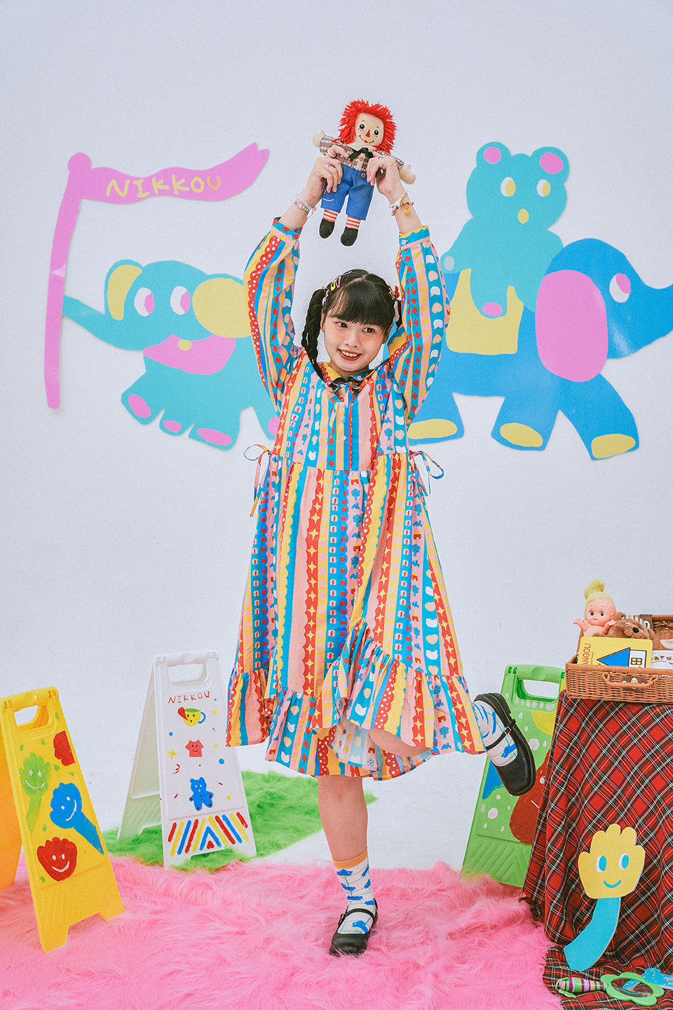 Colorful Striped Pattern Midi Dress with Ruffled Hem