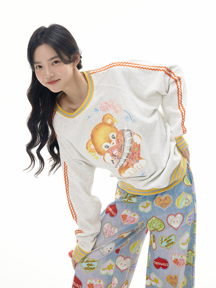 Angel Bear Print Striped Trim Sweatshirt