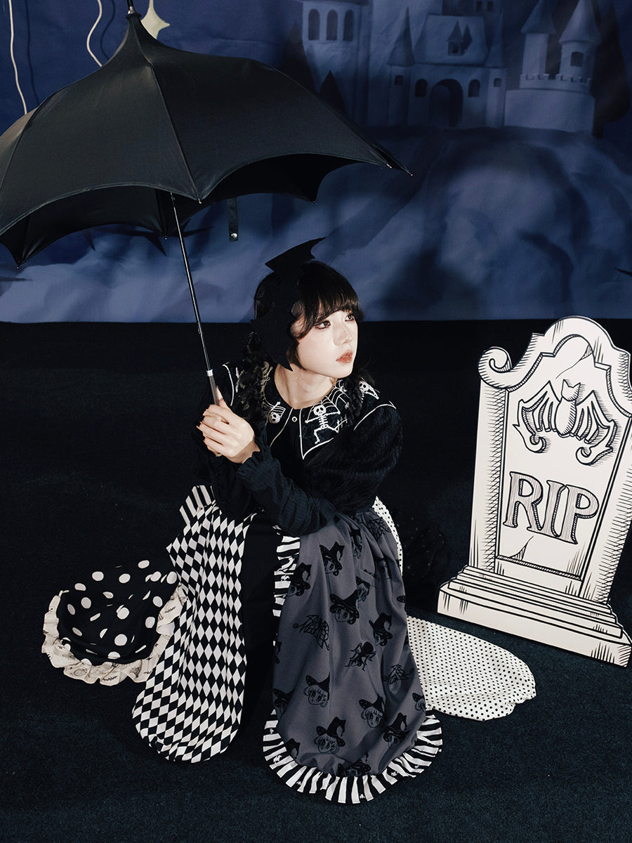 Monochrome Witch Mixed Pattern Suspender Skirt