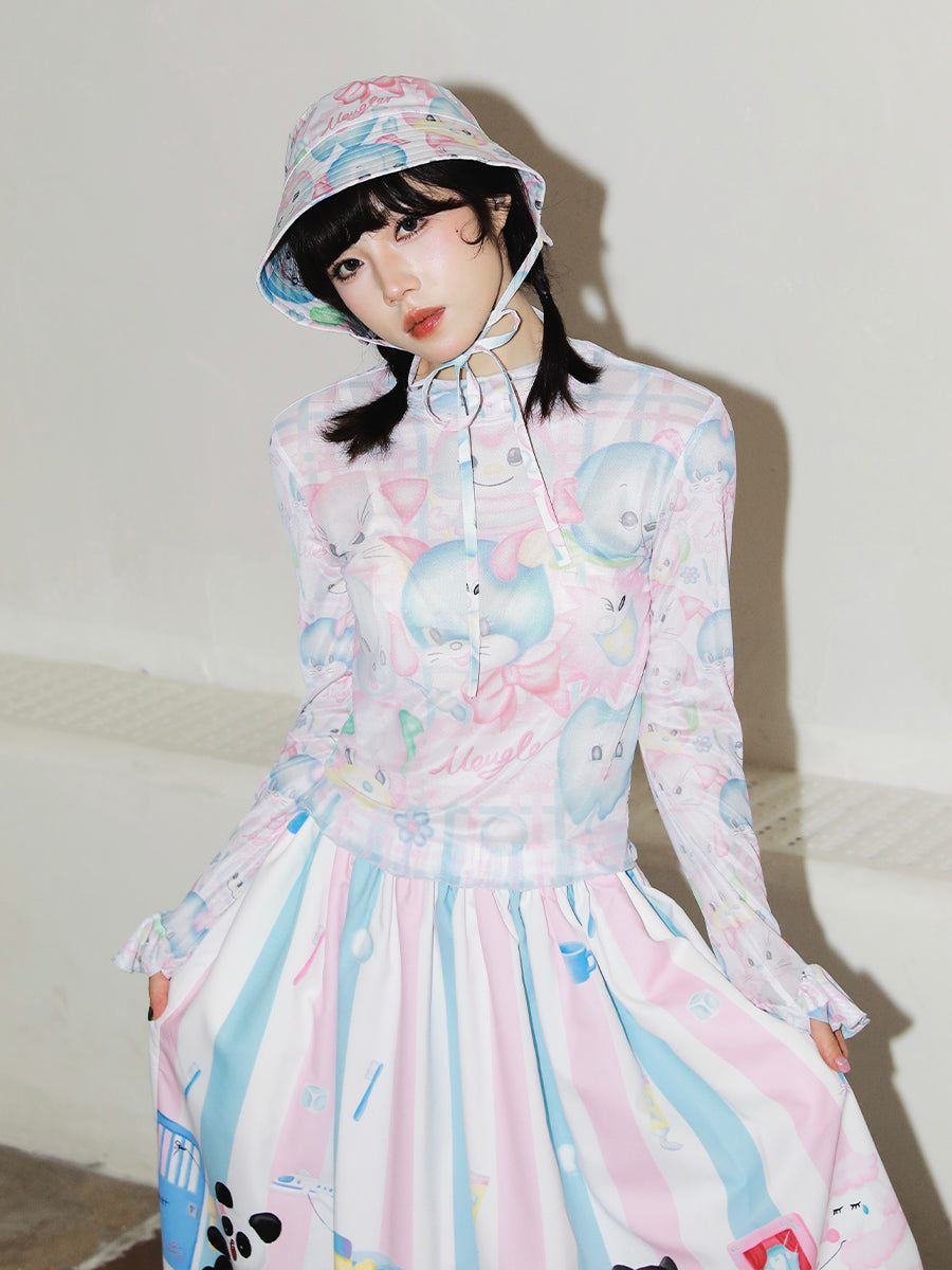 Pink Kawaii Character Mock Neck Top