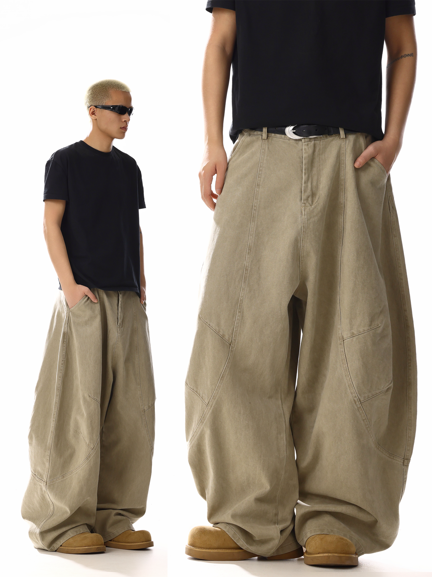 Washed barrel-leg utility pants khaki front view