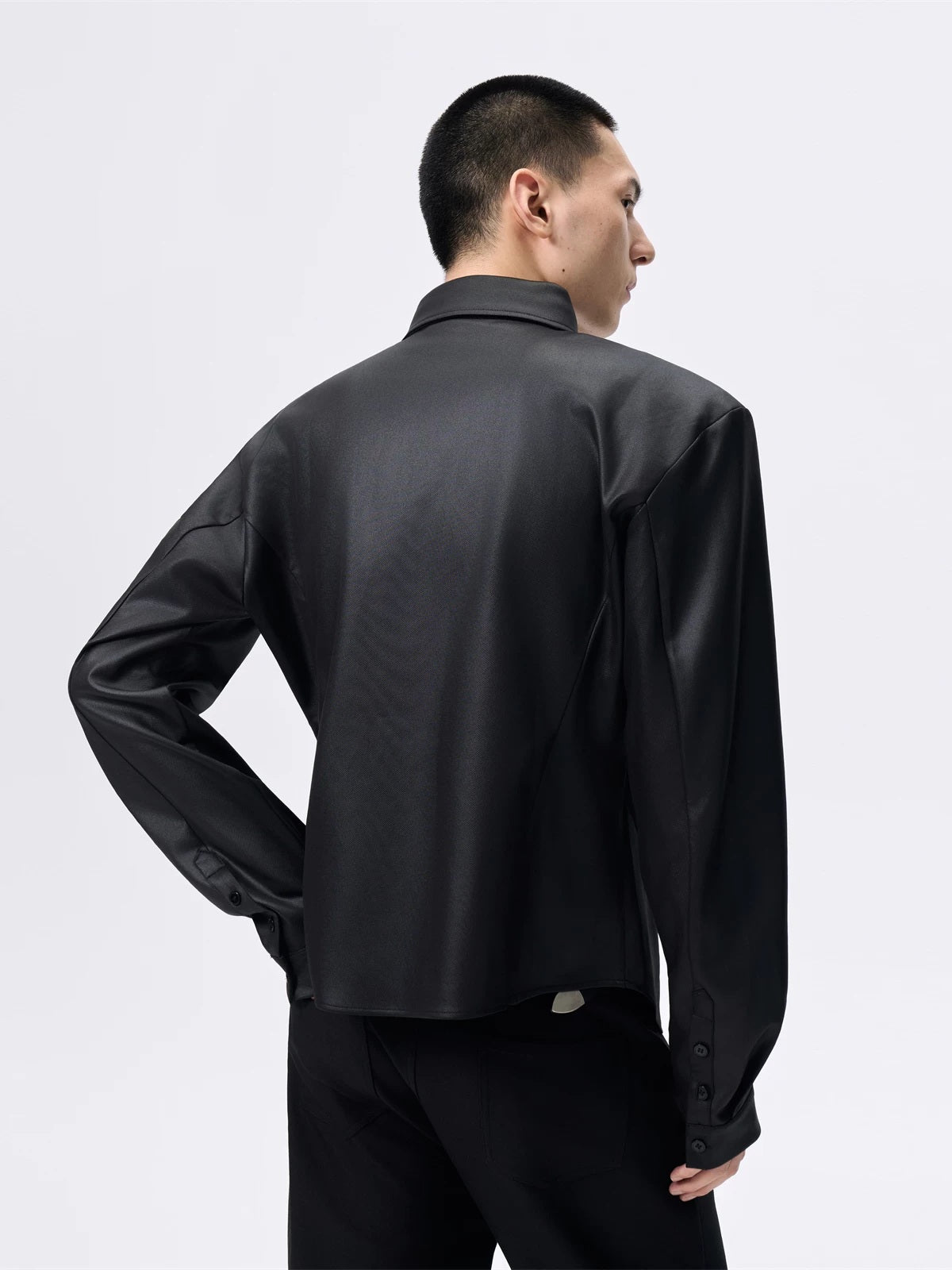 Detachable Shoulder-Pad Glossy Cropped Shirt Black back view