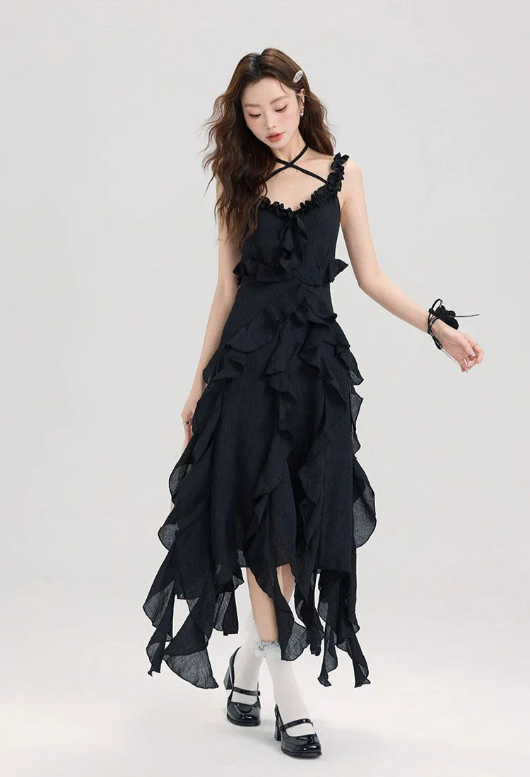 Black Ruffle Asymmetric Halter Dress