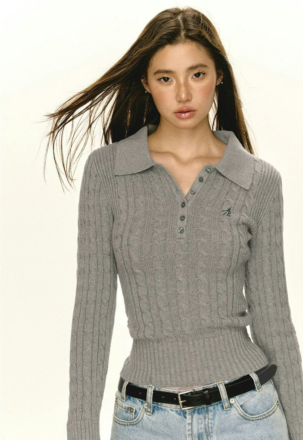Half-Button Cable Knit Polo Sweater