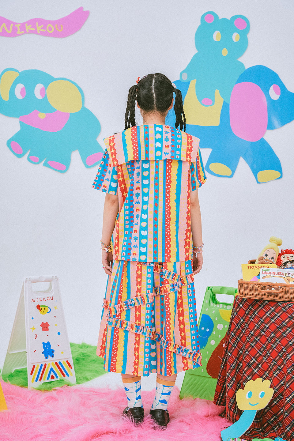 Kawaii Stripe Ruffle Midi Skirt