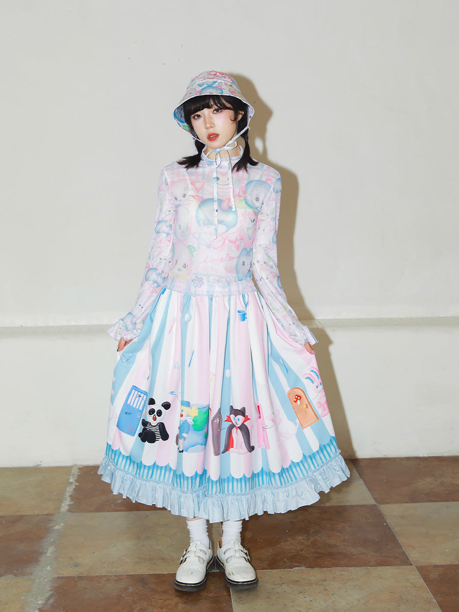 Pastel Striped Character Print Ruffle Skirt