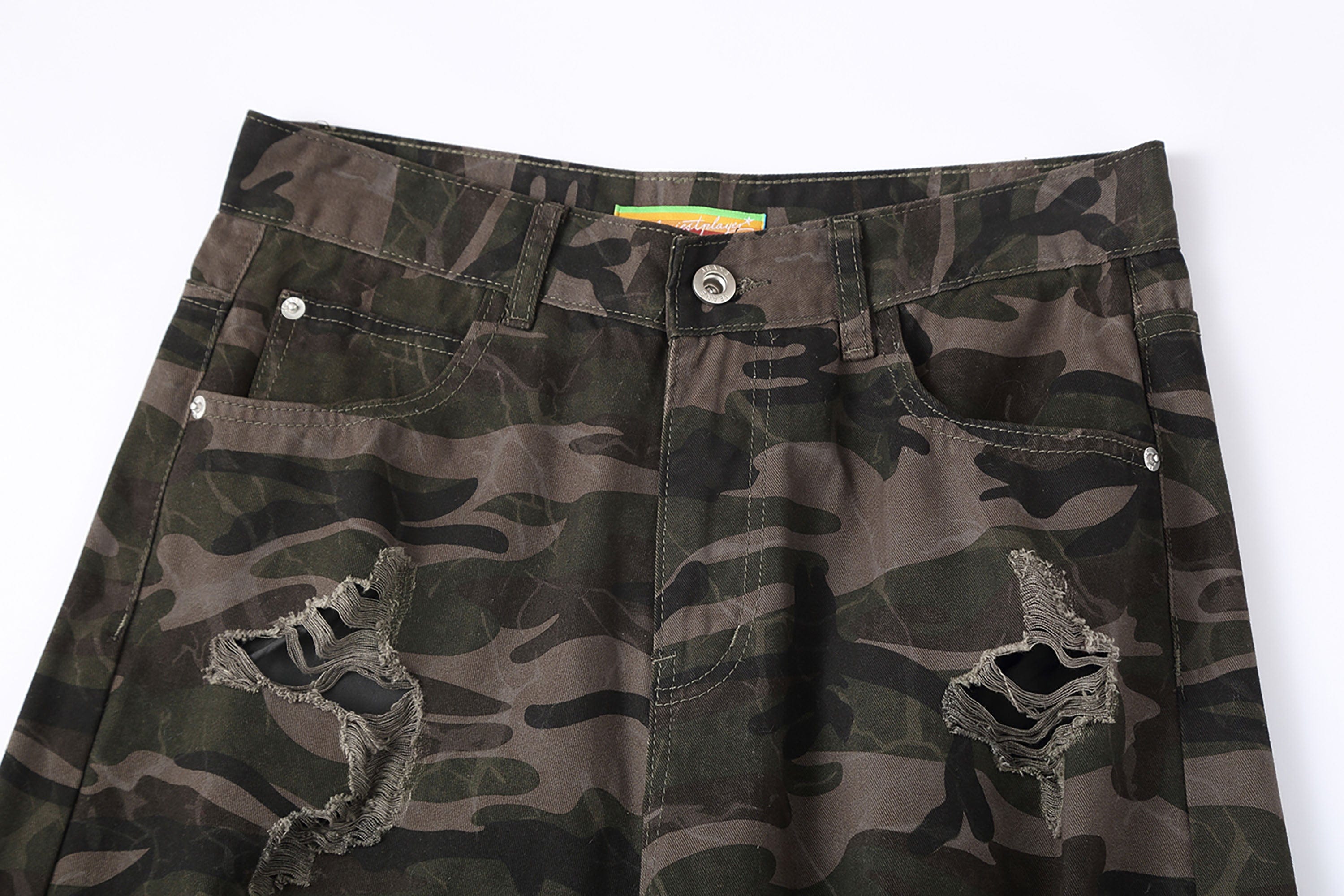 Distressed Camo Ripped Straight-Leg Jeans