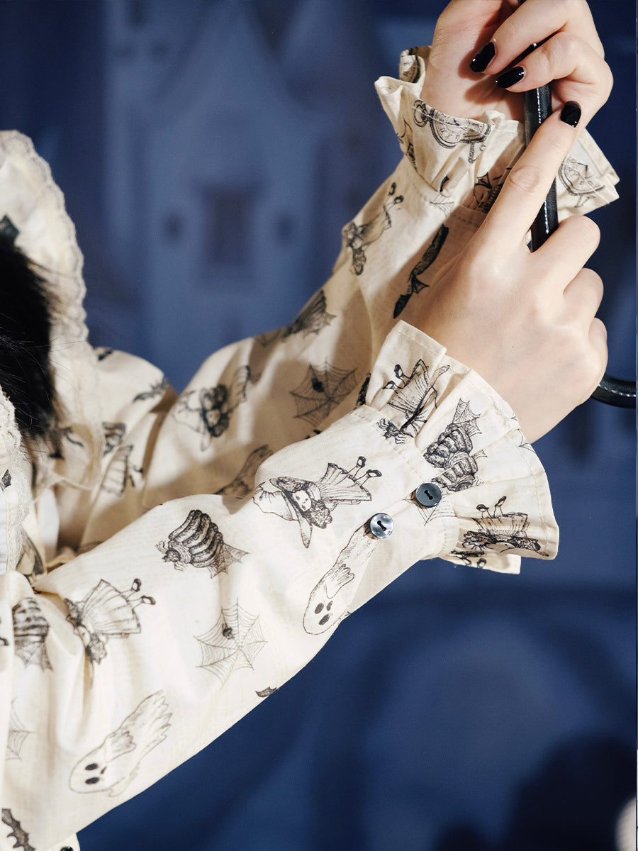 Cream Ghost Print Victorian Style Dress