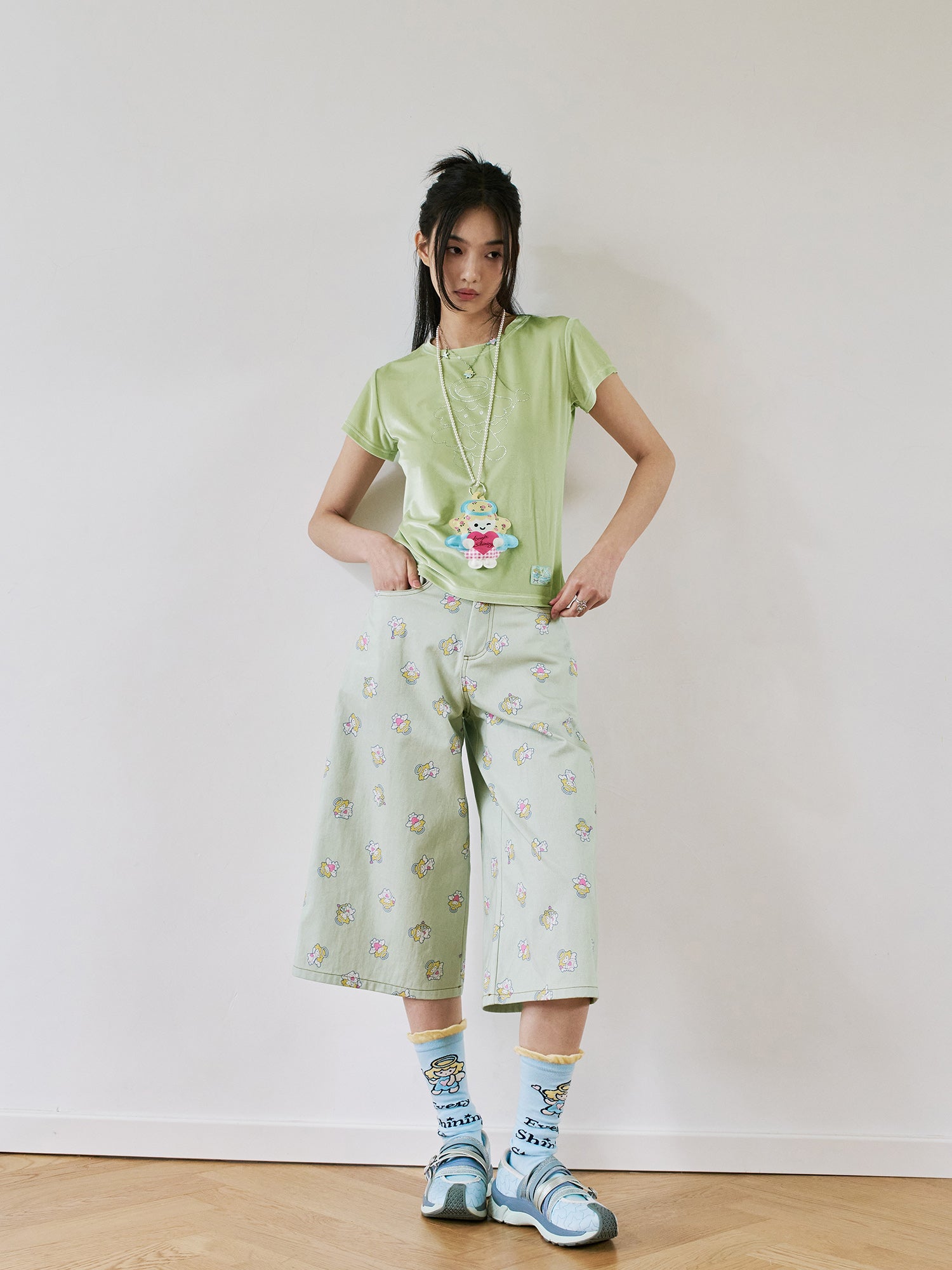 Angel Print Wide Leg Denim Culottes
