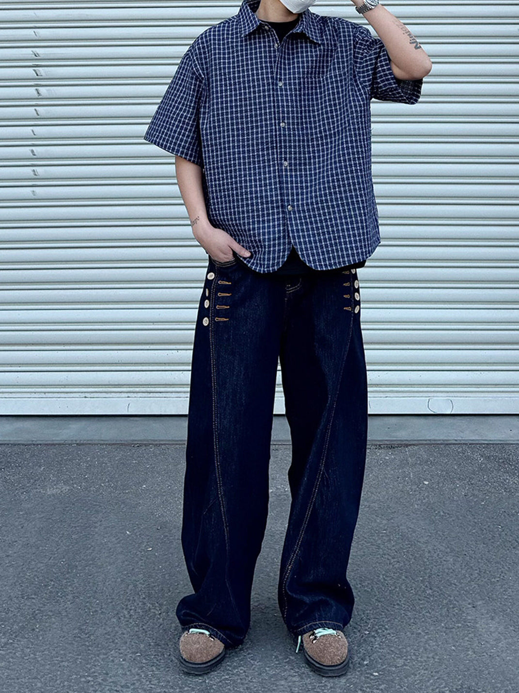 Oversized Short Sleeve Plaid Shirt