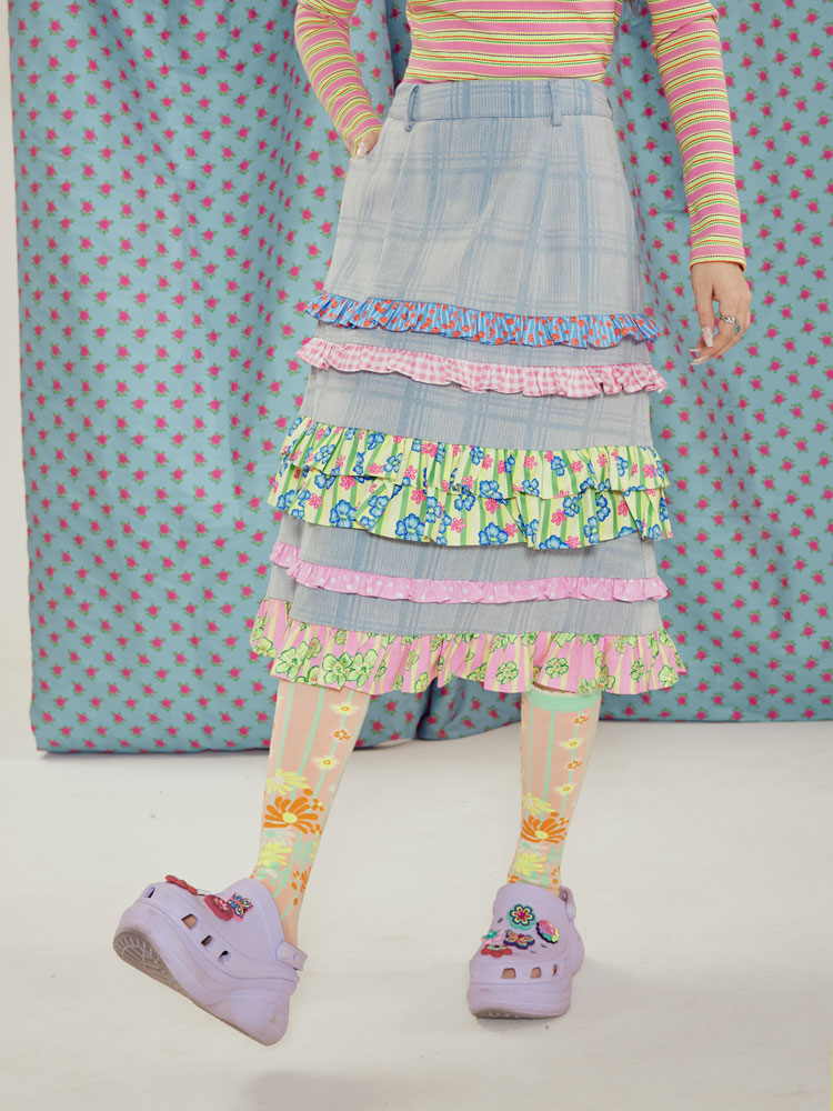 Pastel Ruffle Tiered Denim Midi Skirt