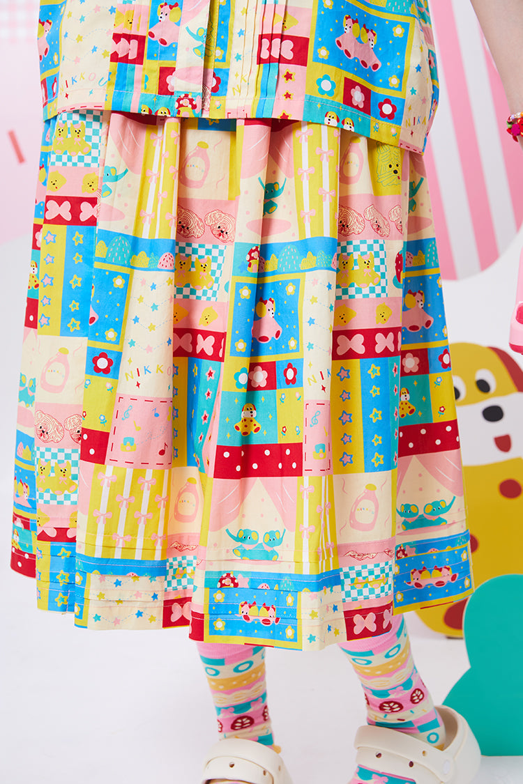 Sweet Patchwork Printed Cotton Midi Skirt