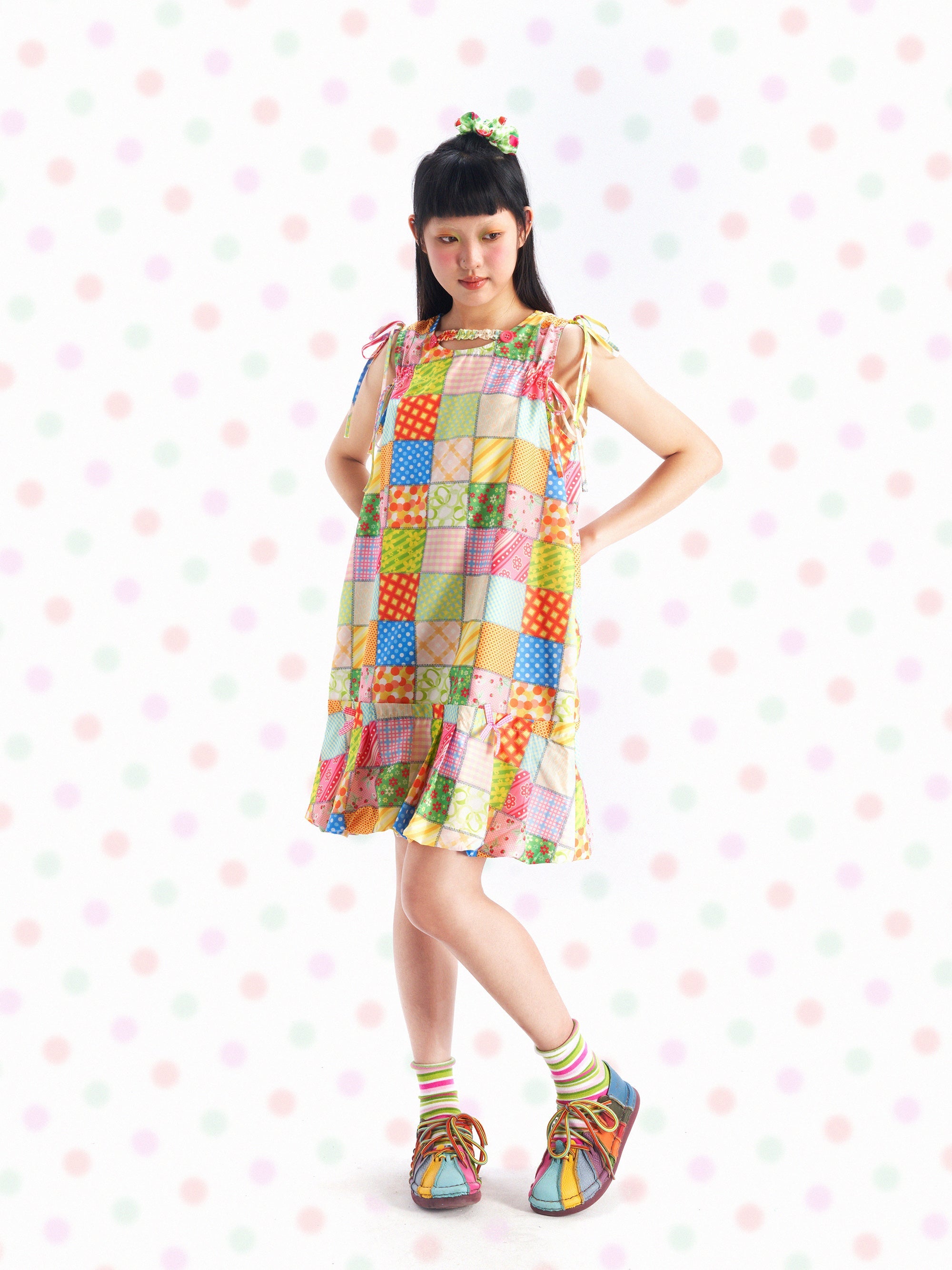 Pastel Patchwork Summer Tie Shoulder Dress