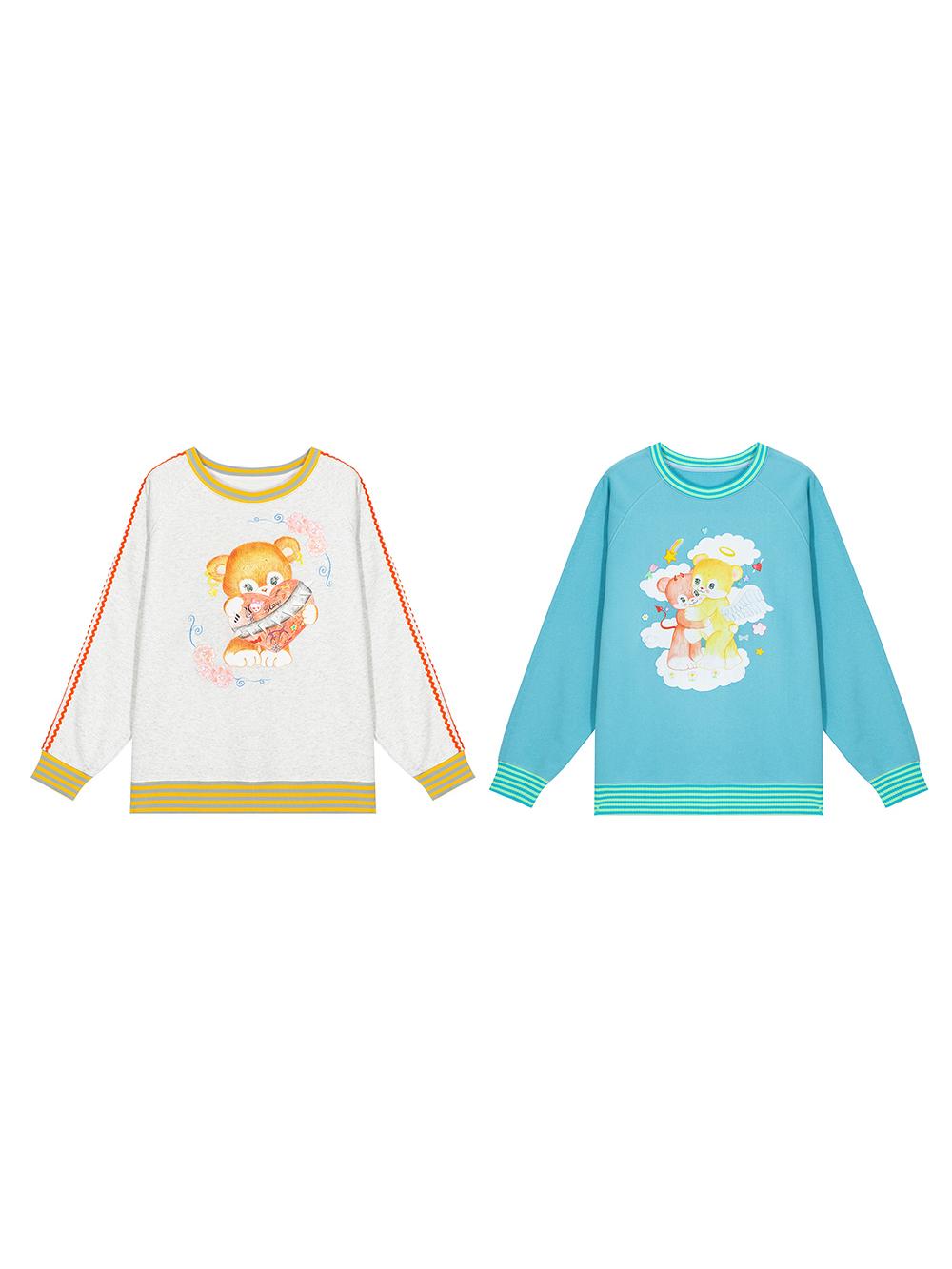 Angel Bear Print Striped Trim Sweatshirt