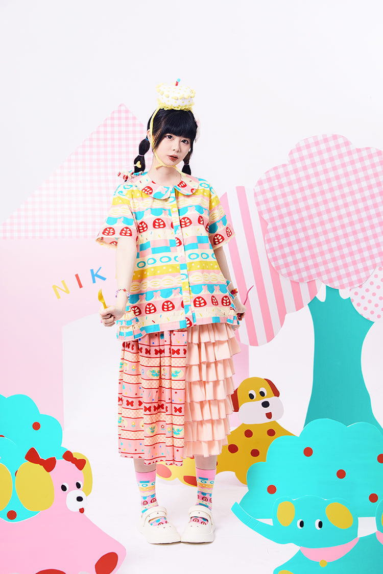 Pink Mixed Pattern Tiered Ruffle Skirt