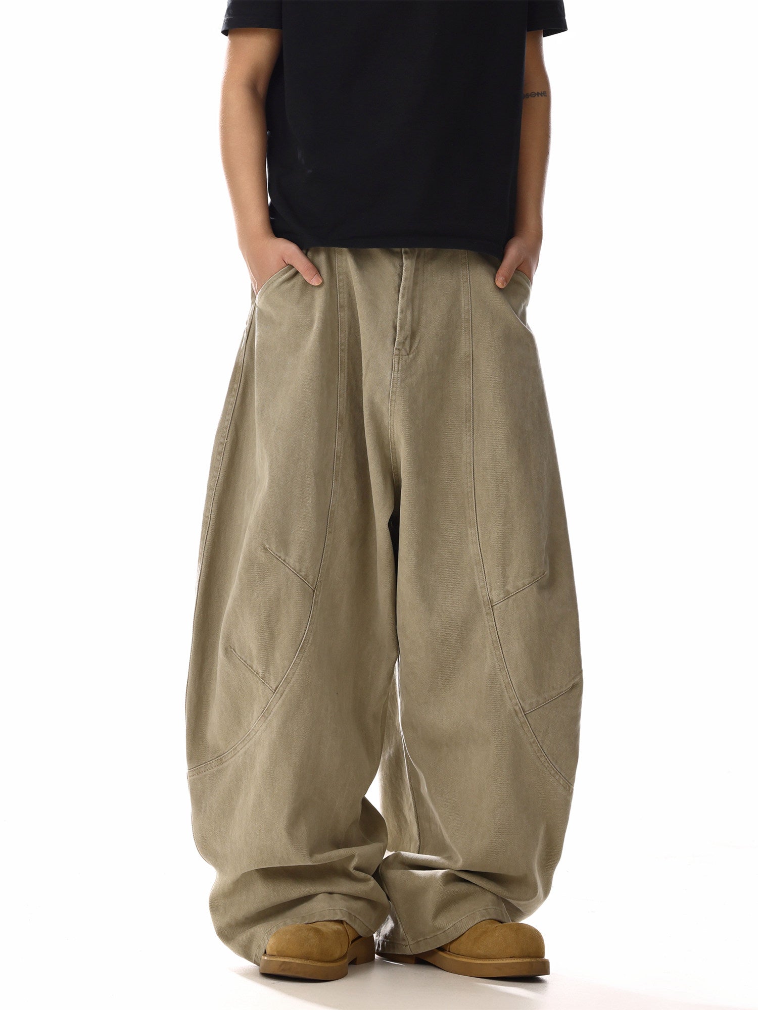 Washed barrel-leg utility pants khaki front close view