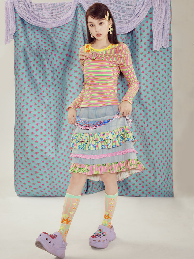 Pastel Ruffle Tiered Denim Midi Skirt