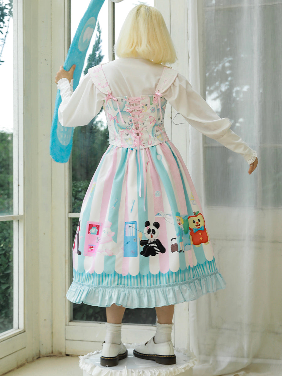 Pastel Striped Character Print Ruffle Skirt